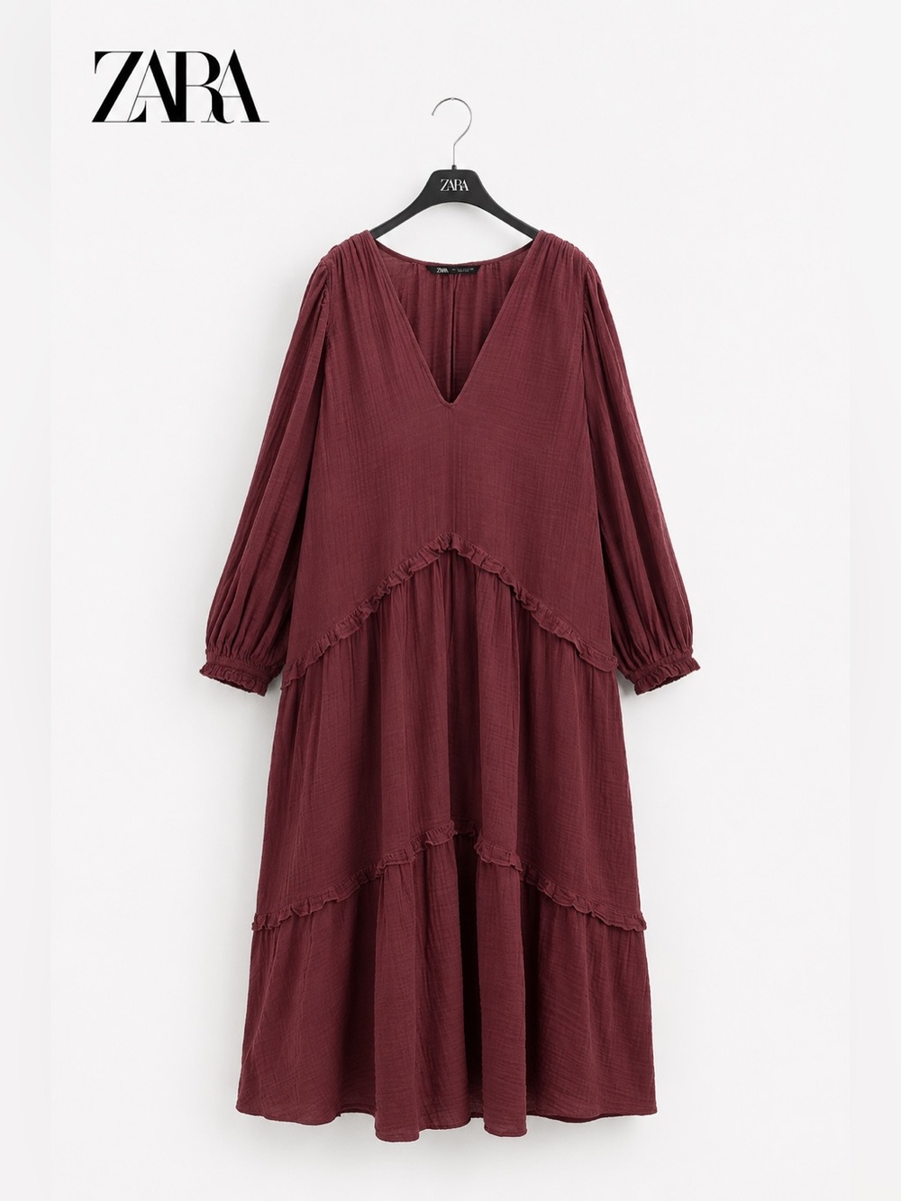 ZARA NWT Textured Ruffle Tiered Dress Mauve Purple Long Sleeve Size M